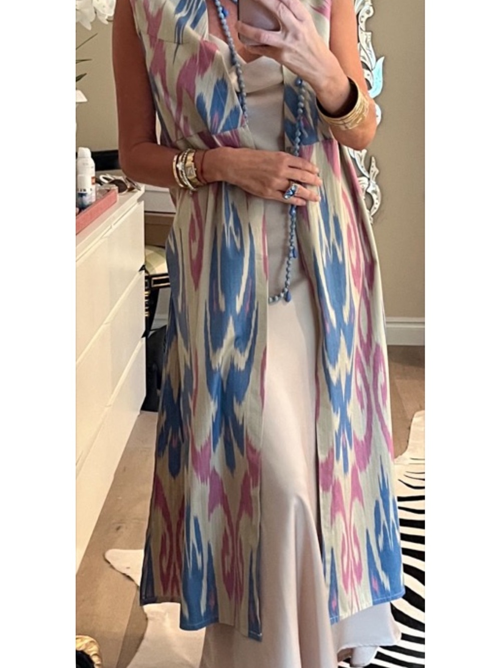 Sleeveless Ikat Print Long Vest - Blue & Pink